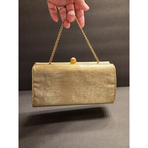 MIDCENTURY Vtg 50s 60s Gold Lame Evening Bag Framed Attached Chain Special Event